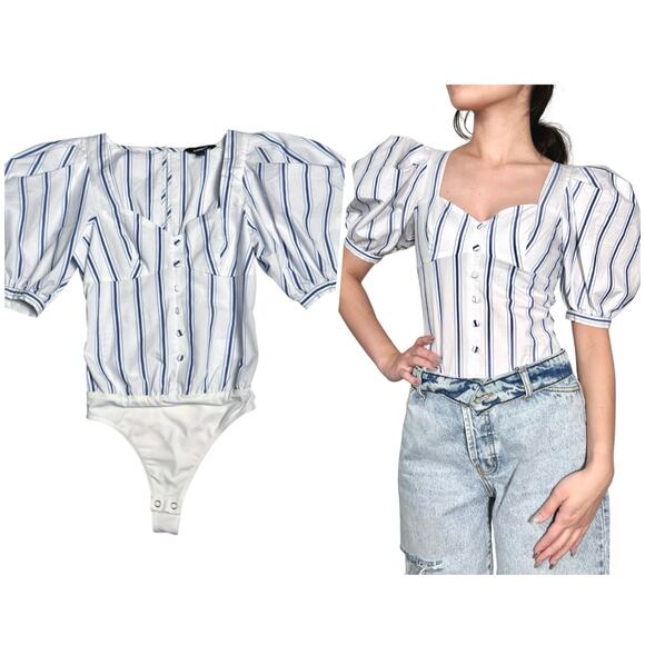 Express | Women | Blue Stripe Sweetheart Puff Sleeve Bodysuit | Size XXS - Picture 1 of 14
